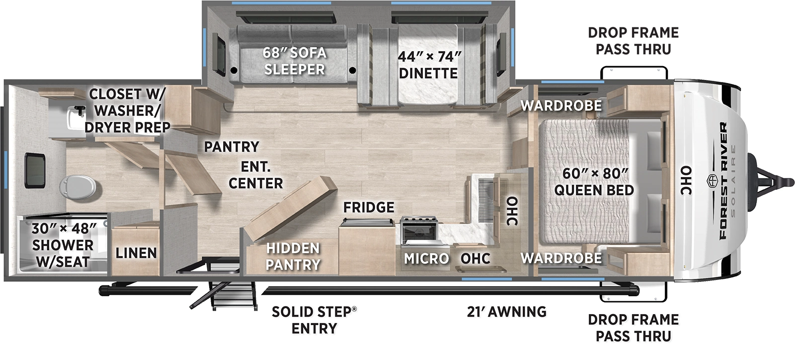 The SolAire Ultra Lite 2580RBSS floorplan has one entry and one slide out. Exterior features include: fiberglass exterior and 21' awning. Interiors features include: front bedroom and rear bathroom.